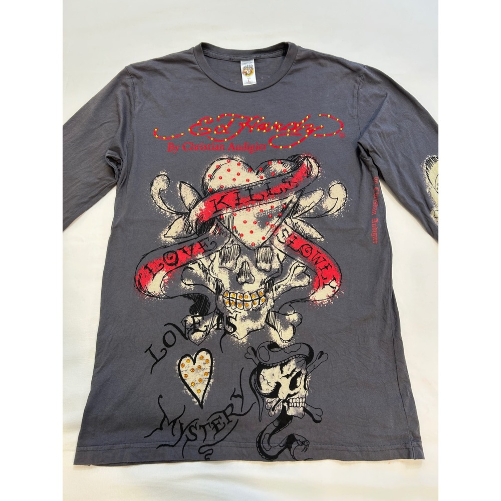Ed Hardy Y2K Vintage Long Sleeve Shirt Gray Skull Heart Rhinestone Mens L